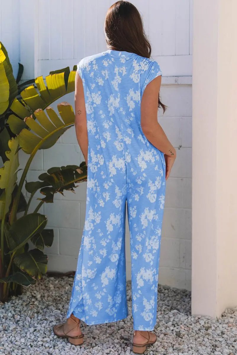 Myosotis Floral Print Half Button Wide Leg Relaxed Jumpsuit - Love Salve